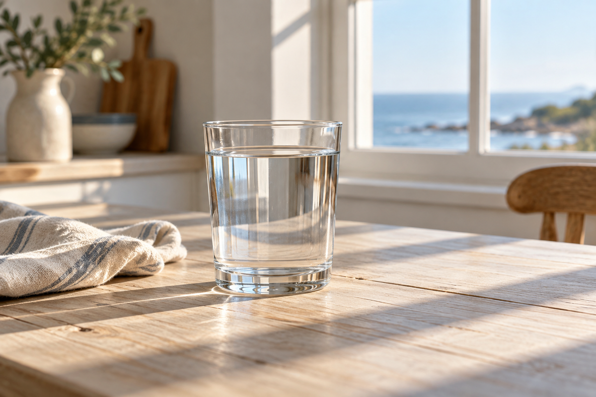 Glass of water on a table in morning light