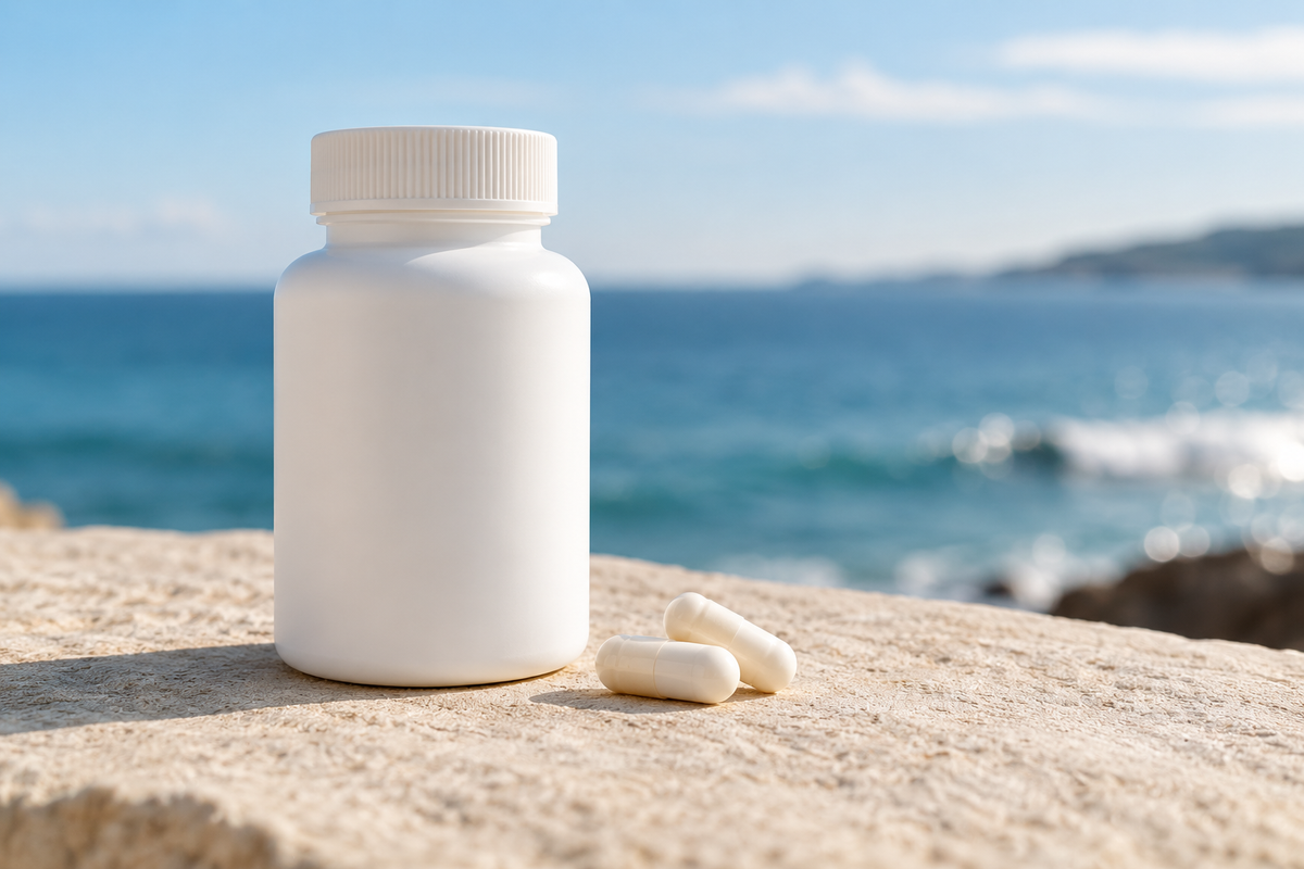 Unbranded white supplement bottle and capsules in coastal light