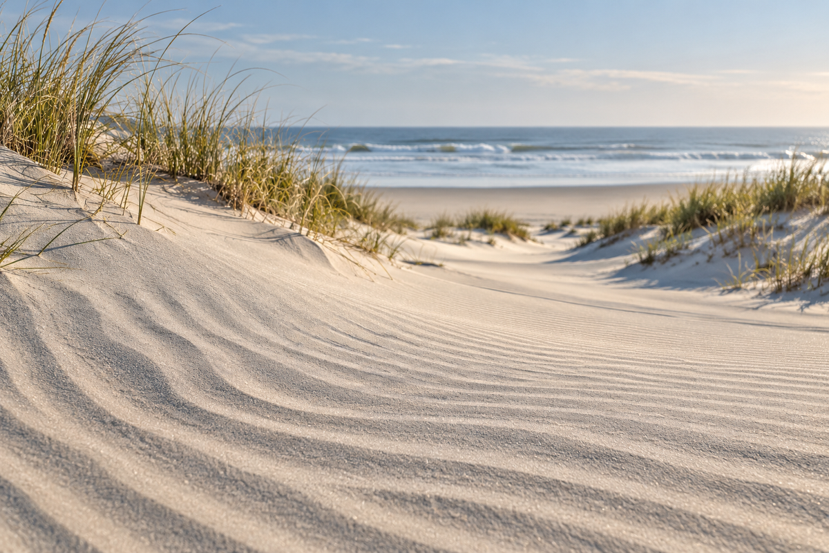 Coastal dune sand, grasses and ocean in soft daylight
